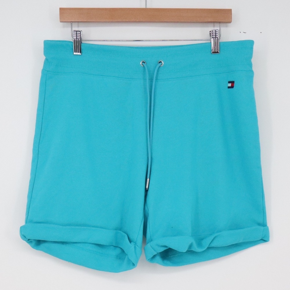 Tommy Hilfiger Shorts Womens L Sport Sweat Shorts Turquoise Blue Cuffed